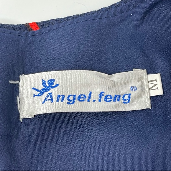 Angel Feng Mod Style Dress 3/4 Cuff Sleeve Sash Tie Back Size Medium Navy Red - Picture 5 of 5